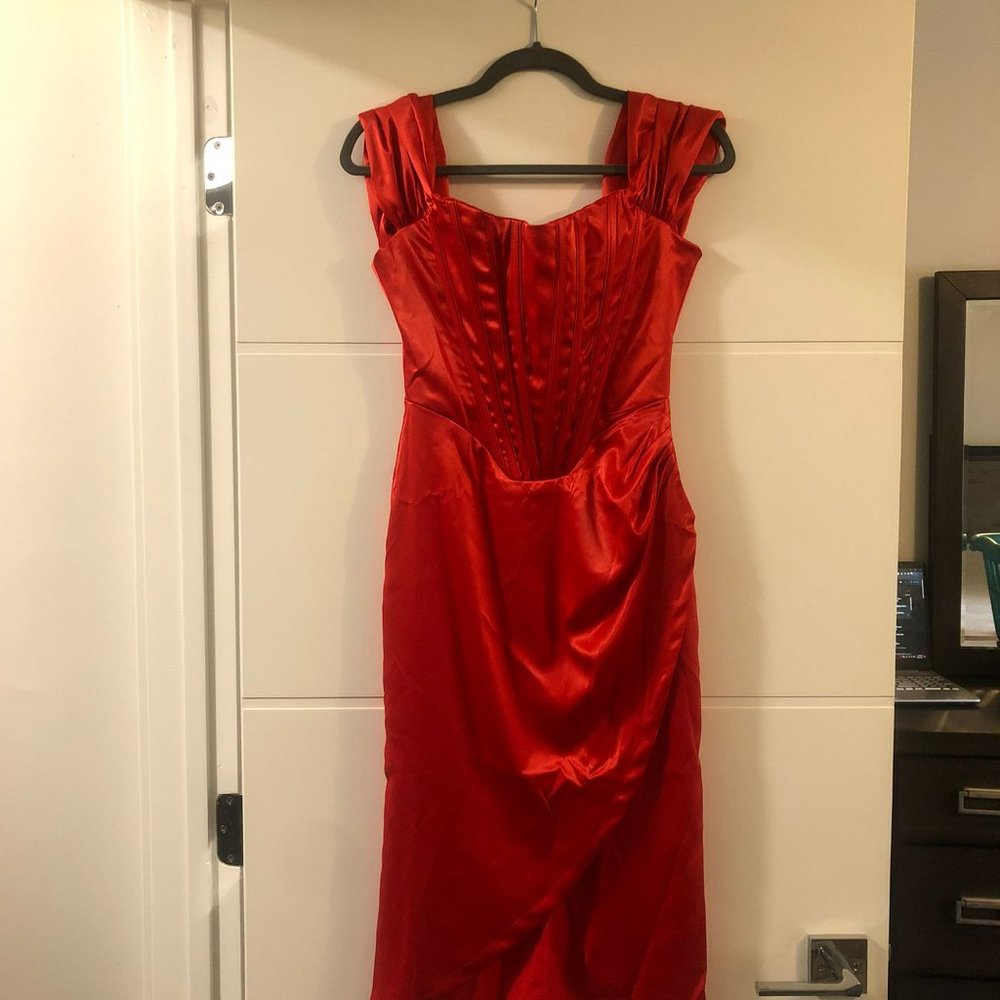 OFF SHOULDER RED SATIN DRESS (SIZE 4) - Picture 2 of 4